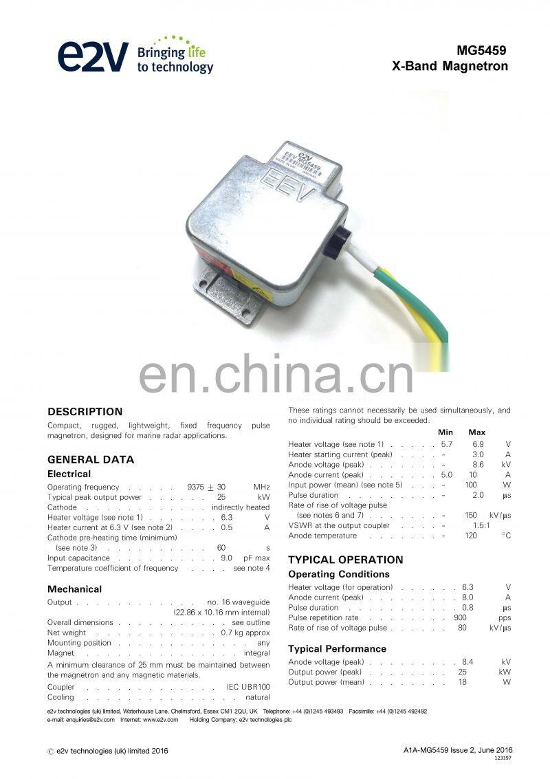Marine electronics maritime navigation communication Furuno marine radar spare parts UK MG5459 E2V 25KW 9GHz X band magnetron