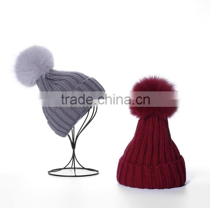 Wholesale Fashion Ladies Printed Real Fur Detachable Pom Pom Beanie Cap