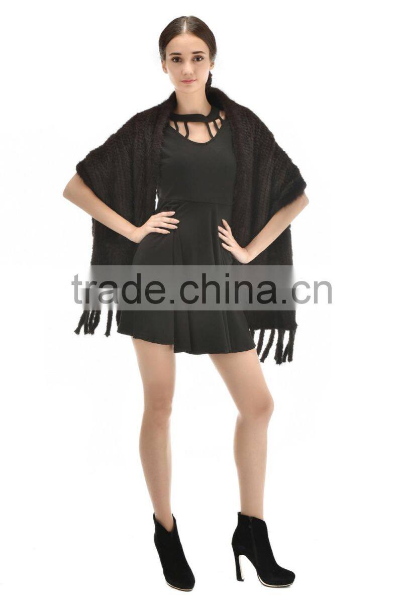 Hot Selling Style 2015 Fashionable Knitted Real Mink Fur Shawl with pockets
