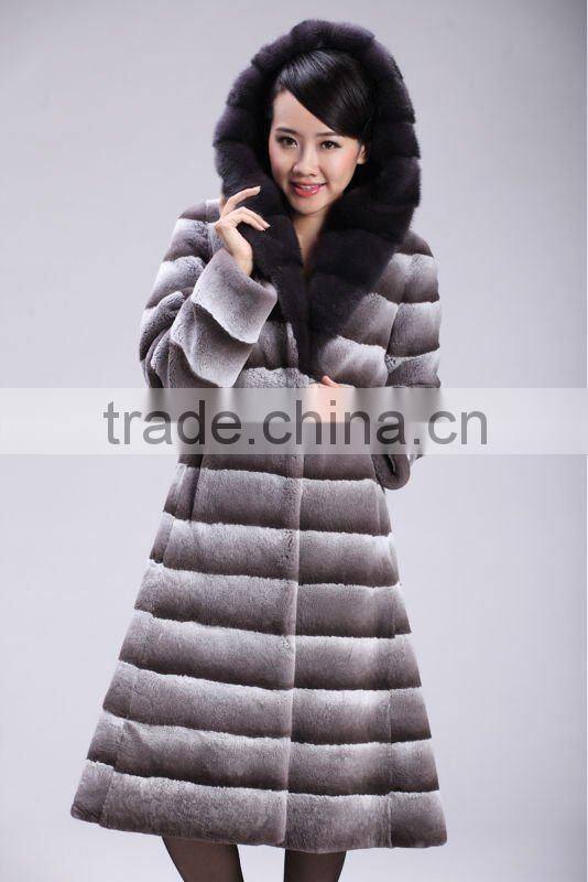 Grey mink hooded dyed rex rabbit fur coat