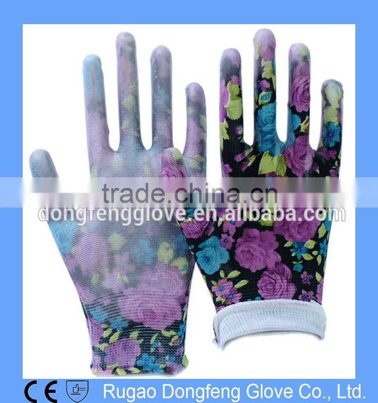 Polyester Printing Transparent Nitrile Coated Gardening Gloves
