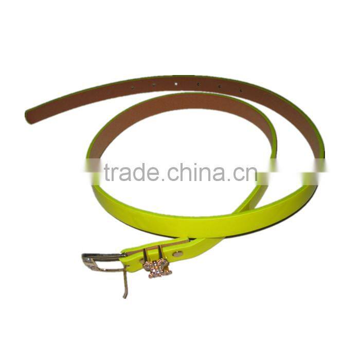 Yellow Patent Leather Reflective Woman Fashion PU Belt With Rhinestone Studded Buckle