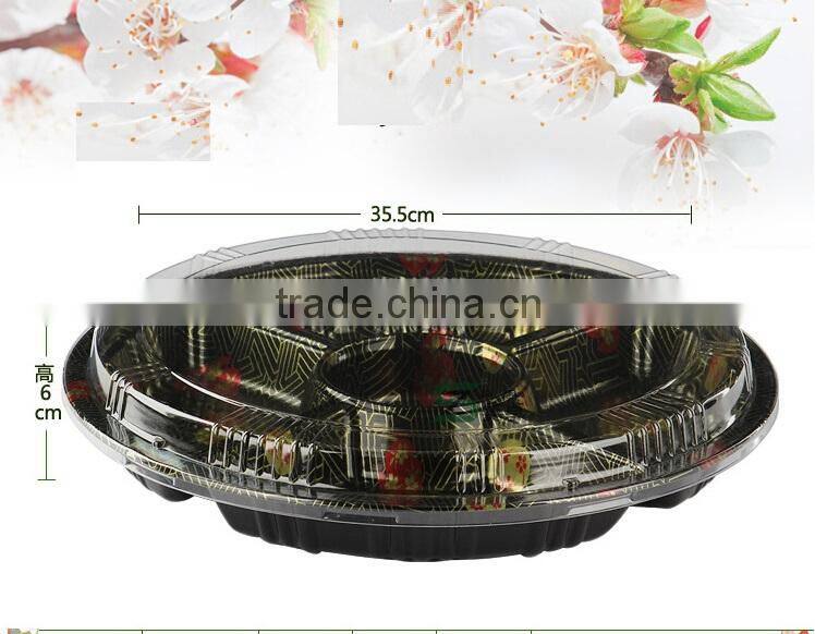 13" round embossing sakura PS plastic 6 compartment disposable food tray