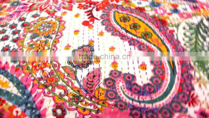 RTHKG-8 Paisley Printed Cotton Fabric Vintage Bedspread Wholesaler Traditional Handmade Stitching Gudri Throw Kantha Jaipur