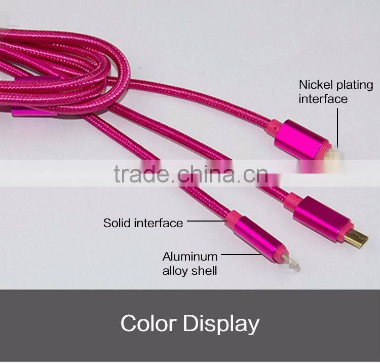 Highend 3 in 1 Mobile Phone cable 100cm micro usb Aluminum Alloy for Android& Iphone 5 cables Nylon Weave charging USB Line
