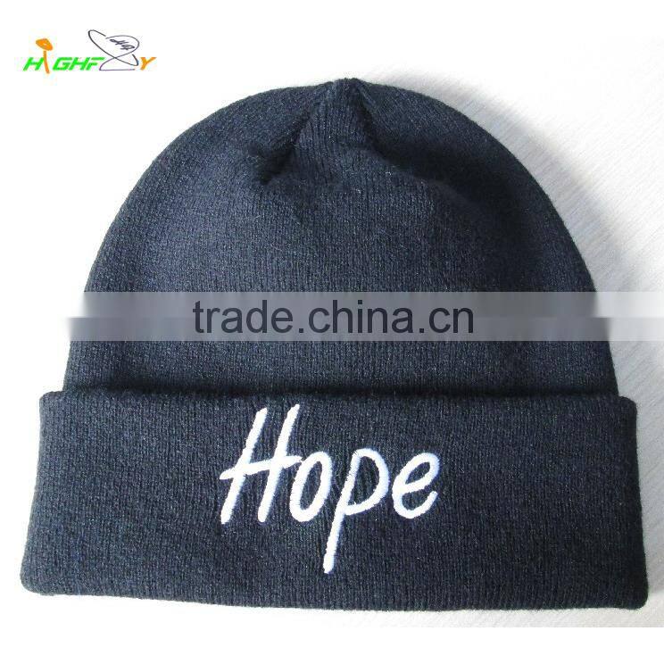 cheap and high quality custom embroidery logo on cuff knit beanie hat without top ball