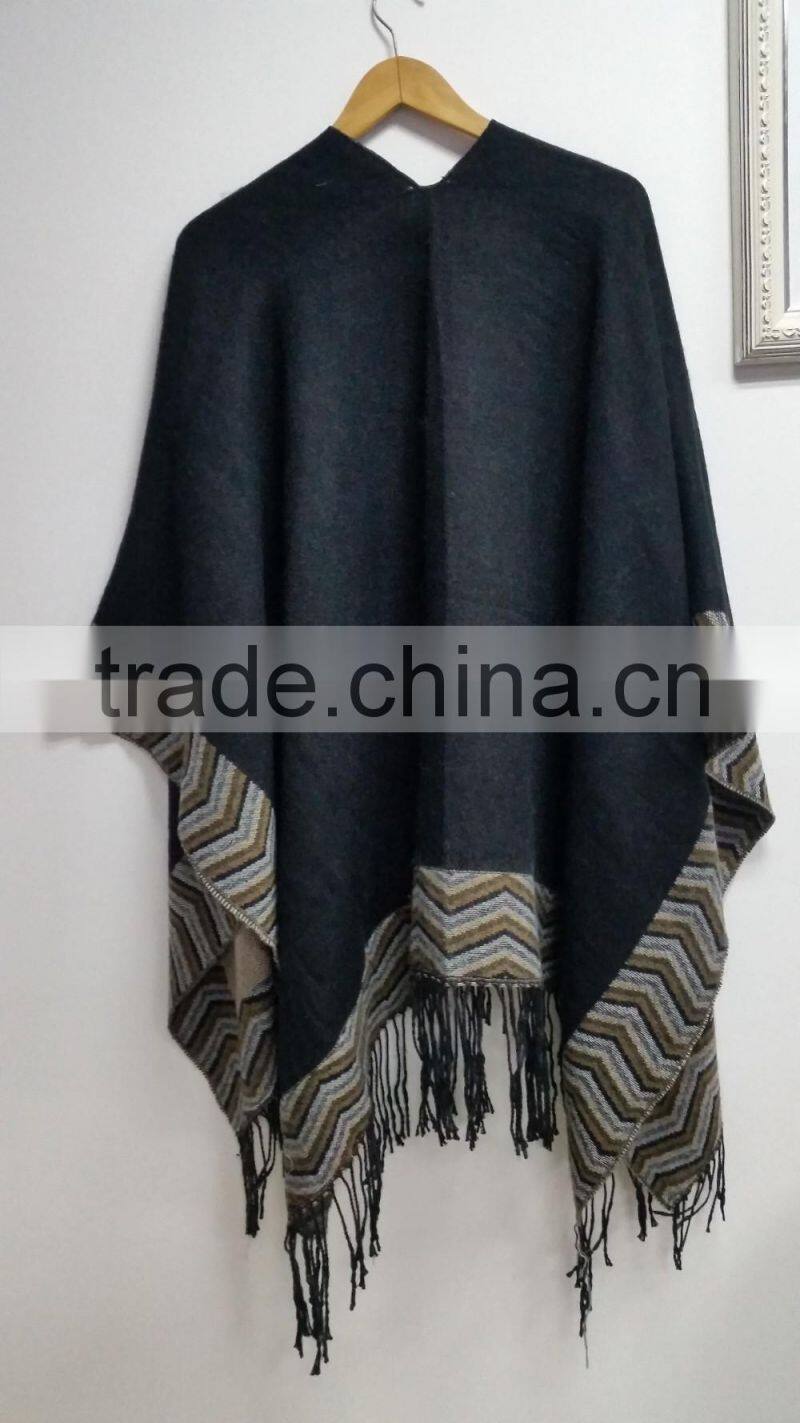 16PKP001 2016 lady's trendy zatec print woven striped acrylic poncho