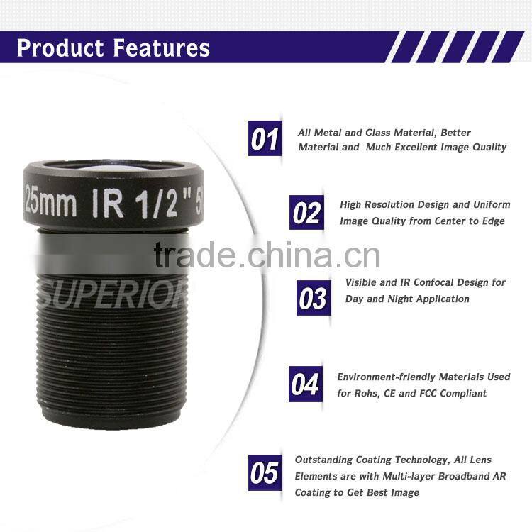 Superior china manufacturer 5MP 1/2 inch f2.4 m12 25mm fixed-focal 25mm m12 board lens