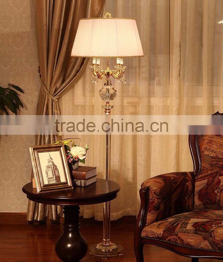 Golden plated metal clear K9 crystal floor lamp with white fabric lampshade