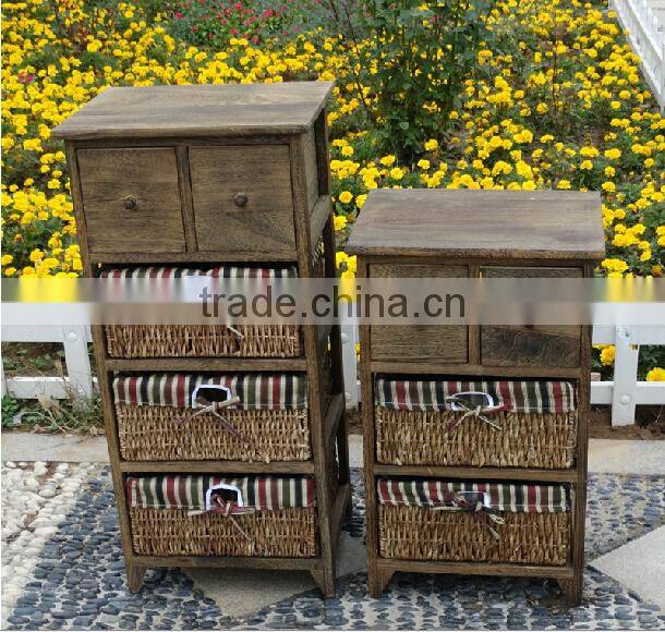 Shabby chic wooden sotorage wicker caninet with 5 drawers