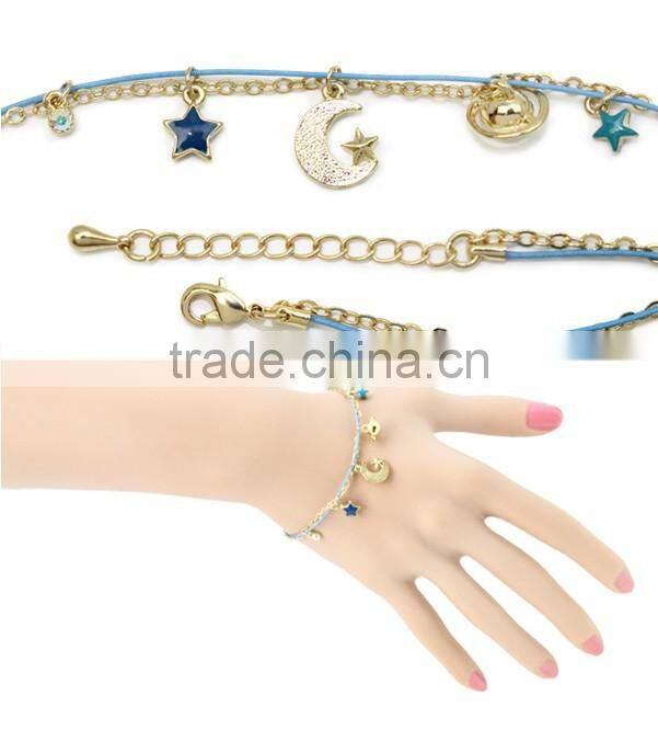 goldfill round smiling face charm bracelet tiny rhinestone charm bracelet colorful rope gold chain layered bracelet