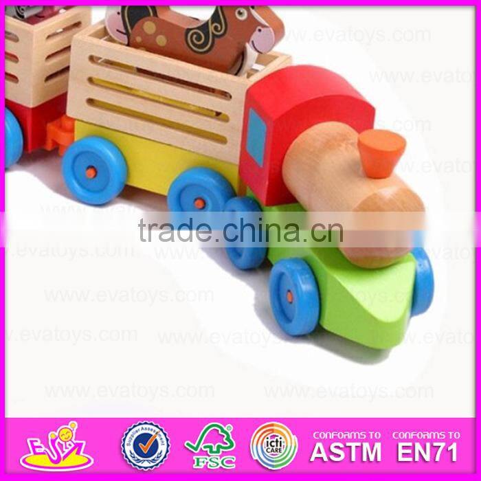 Kid's intelligence Wooden pull along train toy with animal blocks W05C019