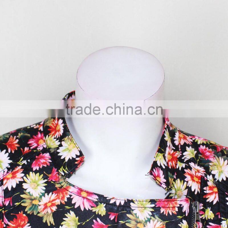 Europe Ameicia Fashion Black Flower Pringting Long Sleeve Pu Leather Waterproof Jackets for Women