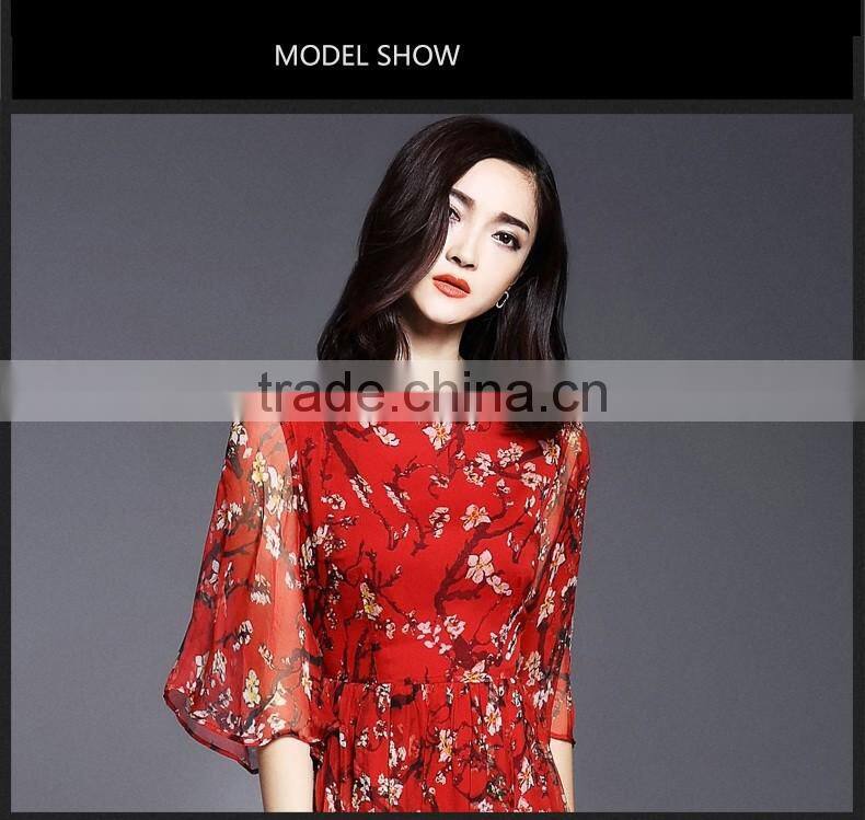 high quality real silk half sleeve round neck printed summer long dress latest dress designs