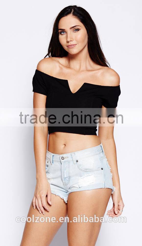 Latest off shoulder women crop top wholesale black plain crop tops