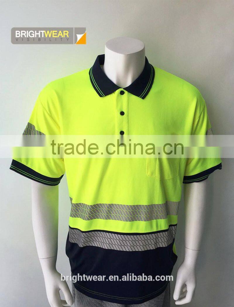 Men's fluorescent two-tone protective reflective generic segmented tapes UPF bulk safety polo shirt