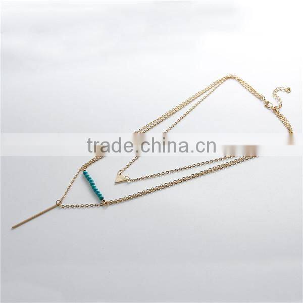 New Fashion Multilayer Layered Necklace Gold Plated With Triangle Rectangle Pendants Green Blue Beads 43.5cm long