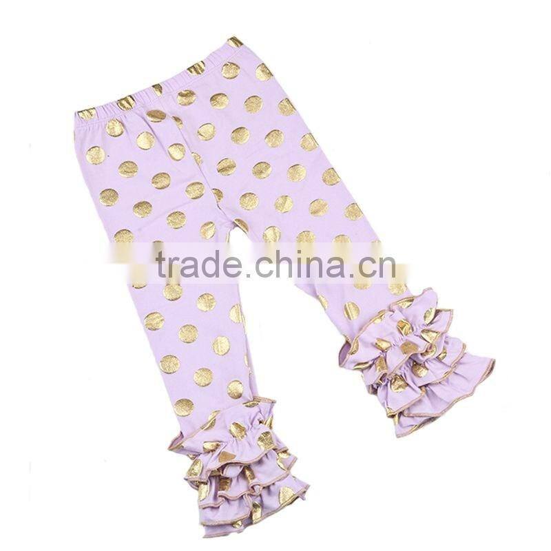 2016 Hot Design sew sassy gold polka dot printed icing ruffle pant girls icing capris set
