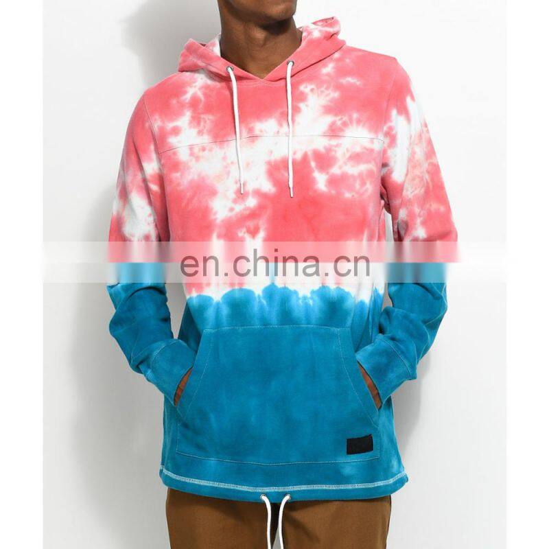 2017 Latest Fashion Cusom 100% Cotton Tie Dye Light Red&Blue Pull Over Hoodie For Men