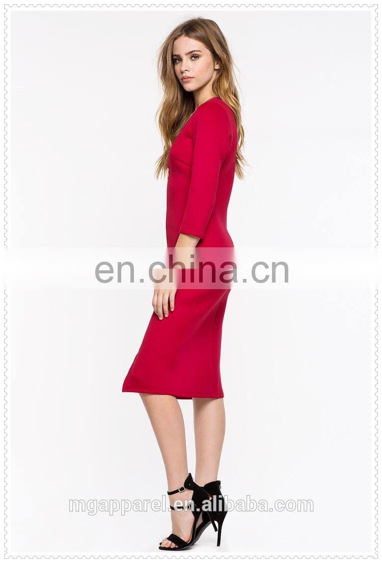 china fashion cheap sexy 3/4 sleeves zip front midi bodycon dress for women