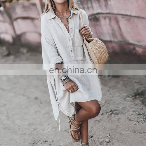 Wholesale custom fashion casual women's trend loose cotton and linen V-neck mid-length plus size dress