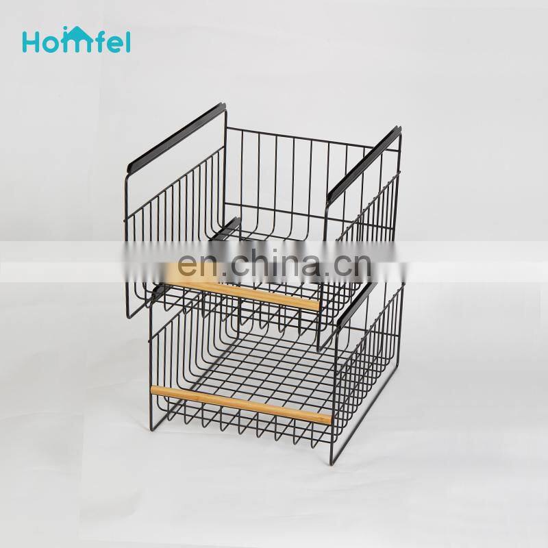 Multifunctional Black Stacking Wire Basket Lightweight Metal Organizer Rack Storage Basket wood