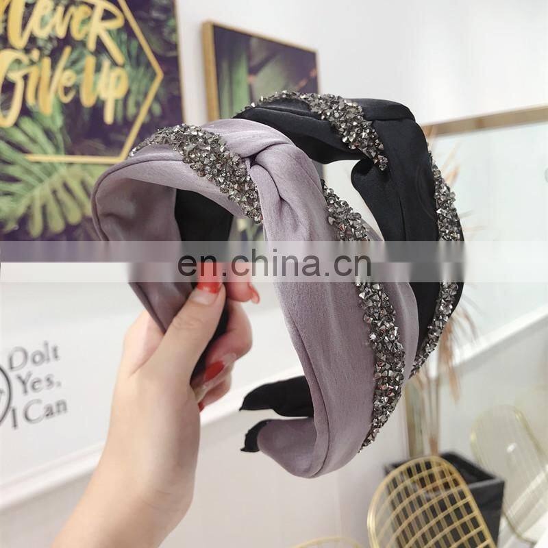New Fashion Rhinestone Hairband Women Solid Wide Side Headband Middle Knot Turban Girls Autumn Winter Hair Accessories Headwear