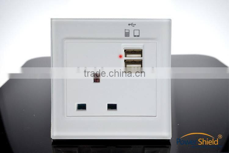 Glass Panel Britian Type G power Adapter with Dual USB outlet wall socket 230V 13A