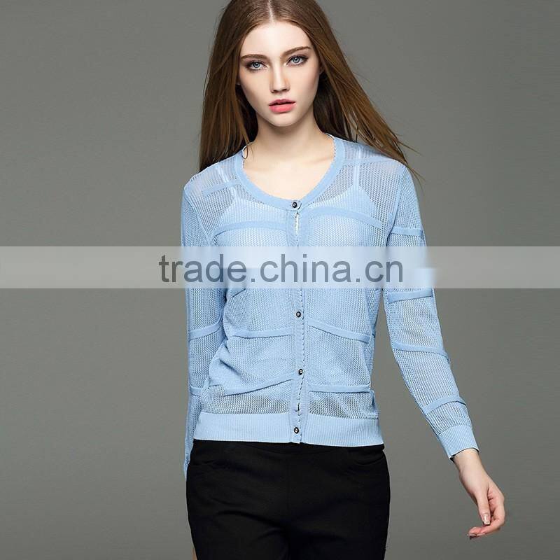 lady's knitted Round-neck long sleeve pointelle cardigan