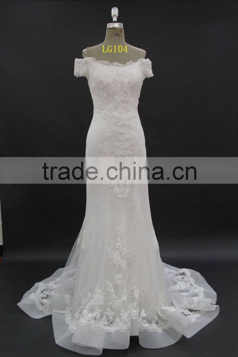 off-shoulder straight neckline horse tail at hem make ruffle effect sheath wedding dress
