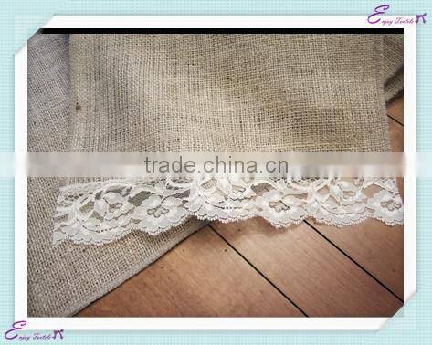 YHR#08 natural burlap hessian lace edge banquet wedding wholesale table runner cloth overlay linens
