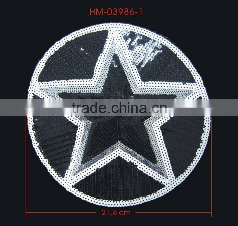 Round Black White Silver Star In Center Sequin Applique Patches