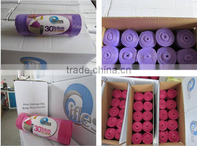 HDPE plastic blue drawstring trash bag on roll