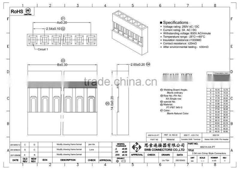 2.54MM pitch electrical Wire to Board Connectors DUPON PARTS replacement