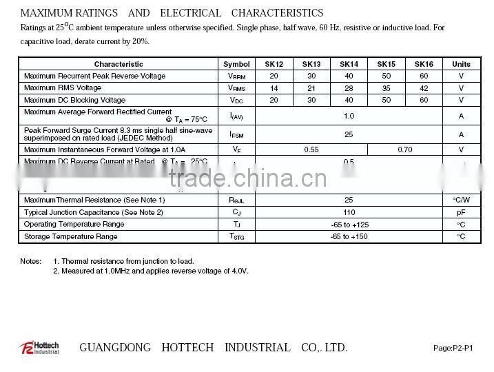 Diode SS12 SS14 SS16 SS18 SS110 SMD Schottky Rectifier Diodes