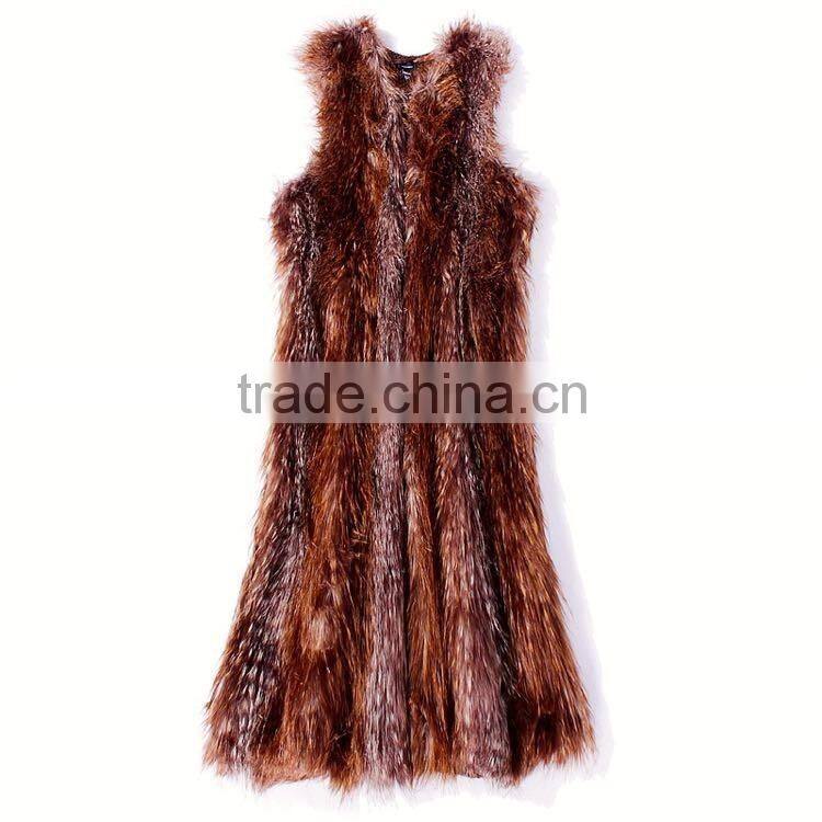 2016/2017 New Style Women Dark Brown Knitted Rabbit Fur Long Vest with Sleeveless