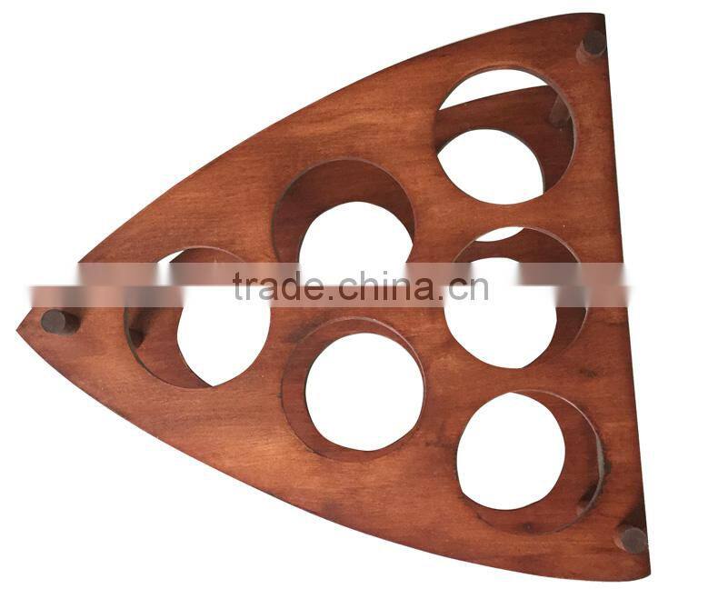 Triangle and 6 Holes Red Wooden Wine Bottle Holder on the Table or Cellar