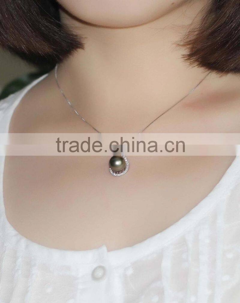Beautiful Chinese Lute shape Tahiti AAAA Top Qualtity Round Black 10-11mm 925 silver Sea Pearl Pendant