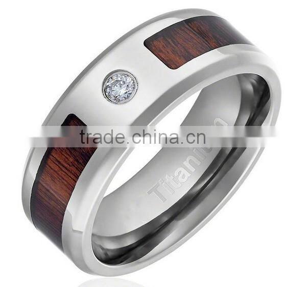 8MM Comfort Fit Titanium Wedding Band Engagement Ring with Dark Wood Inlay Round Cut CZ Center Stone and Beveled Edges