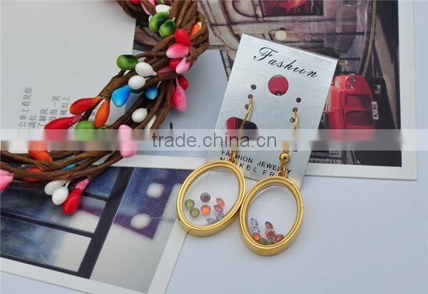 gold plating oval earrings stainless steel glass zirconia float dangle earrings
