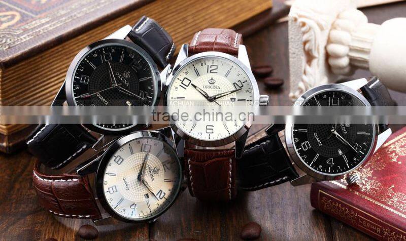 Orkina Coffee Leather Stainless Steel Case Chrono Quartz Men's Analog Sport Watch