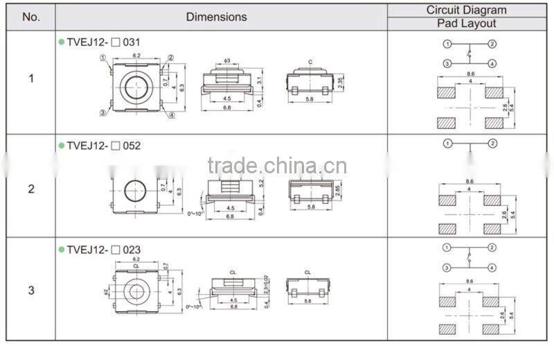 FTVEJ12-031 6mm smt waterproof tact push glass touch switch panel
