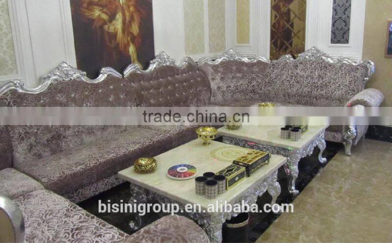 BISINI Exquisite Solid Wood Carved Sofa Set Gold Foil Lobby Leather Sofa Set For Hotel Lobby