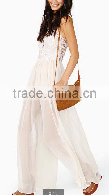 2014 new fashion white sexy see though Lace Jumpsuit with elegant long chiffon pants