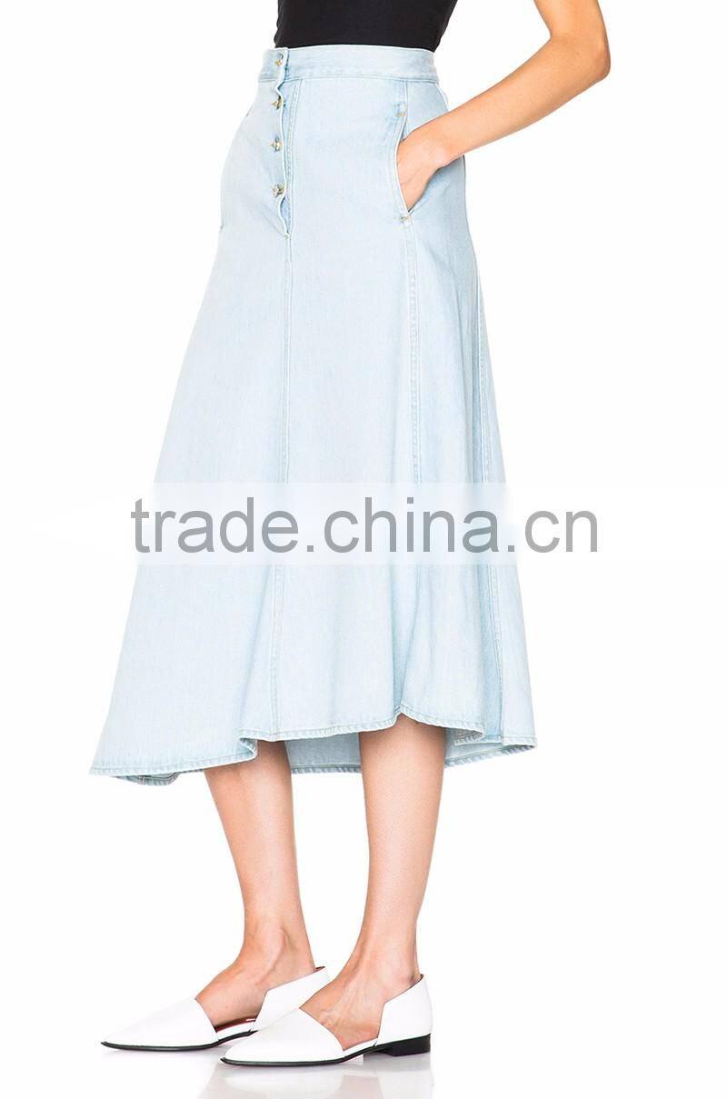 fashion ladies high waist flared maxi long denim skirt