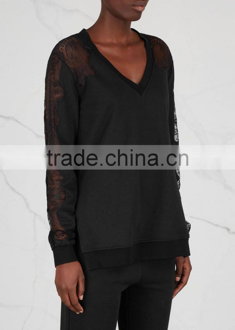 Wholesale Women Apparel Ribbed Trims Black Lace-insert Cotton Blend Sweatshirt(DQE0320T)