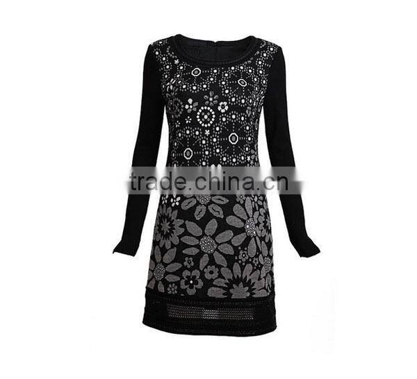 shenzhen splendid garment export ladies' slim fit yarn dyned long-sleeved black knitted 2014 fashion christmas party dress