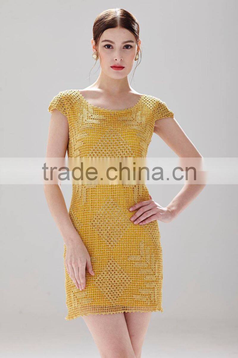 Grid pattern design shinny gold metallic effect ladies formal slim lace fashion dress SR-D9791