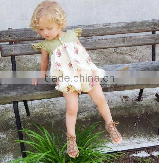 flutter sleeve baby clothes romper floral printed girl pom pom romper custom