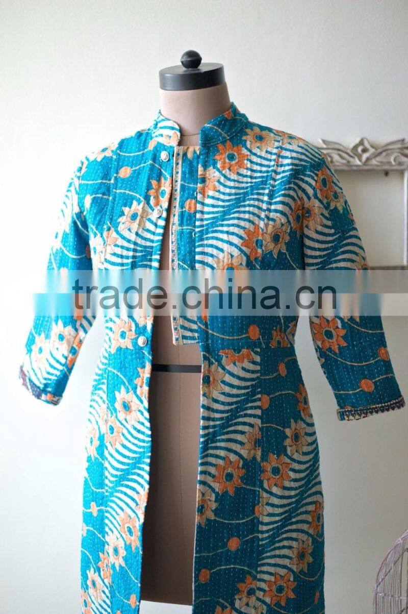 Vintage Kantha Long Accent Jacket in Turquoise & Orange ~ Medium